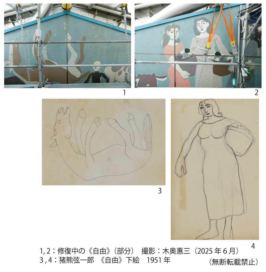 1, 2：修復中の《自由》（部分）　撮影：木奥惠三（2025 年6月）3 , 4：猪熊弦一郎　《自由》下絵　1951 年